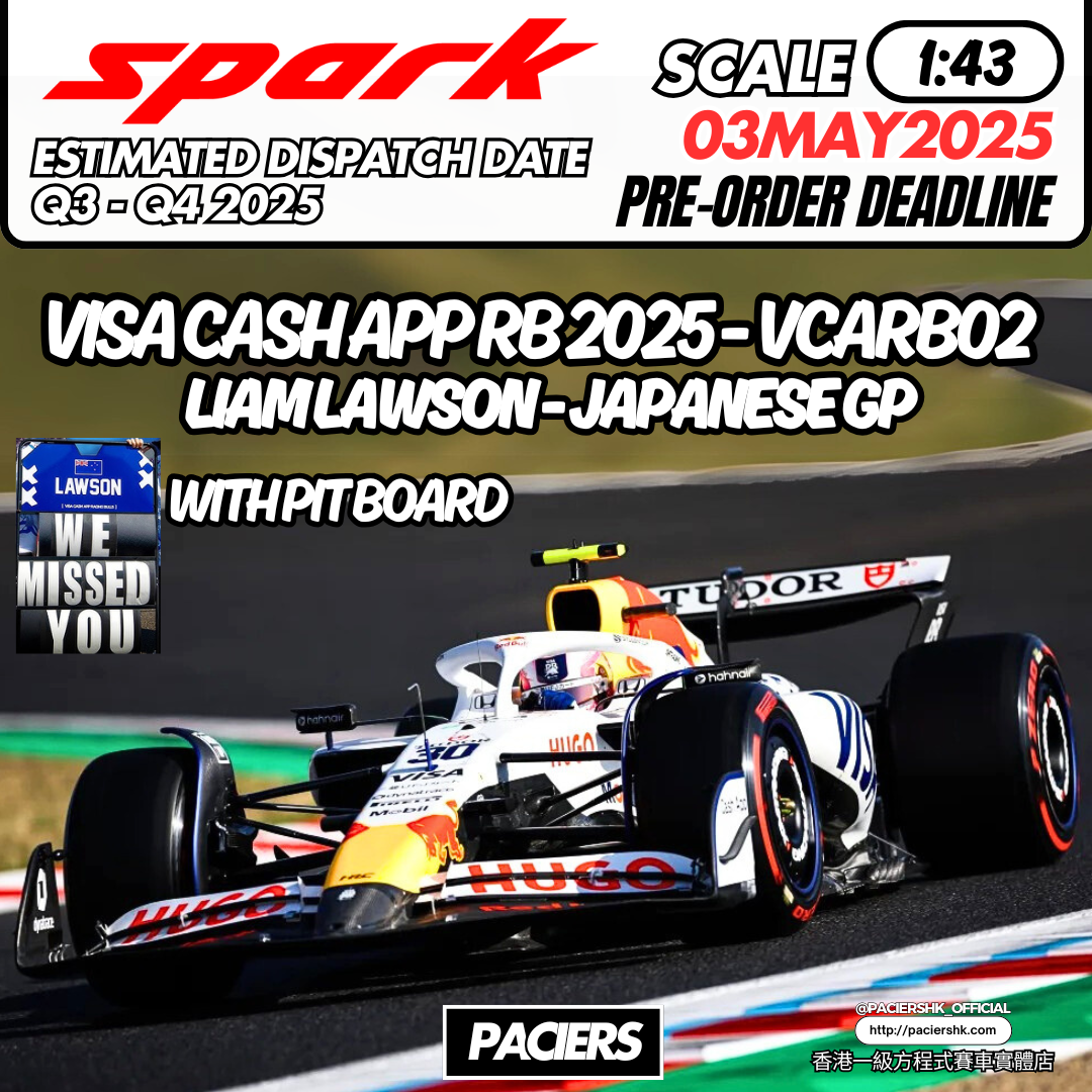 Spark 1:43 Visa Cash App RB 2025 VCARB02 Liam Lawson Japanese GP with Pit Board