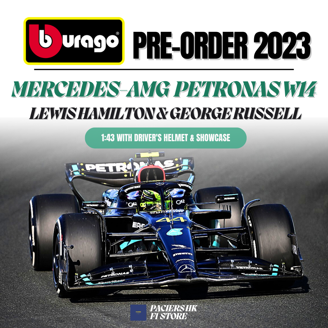 Bburago Mercedes-AMG Petronas W14 Performance (2023) with Driver's Helmet & Showcase 1:43