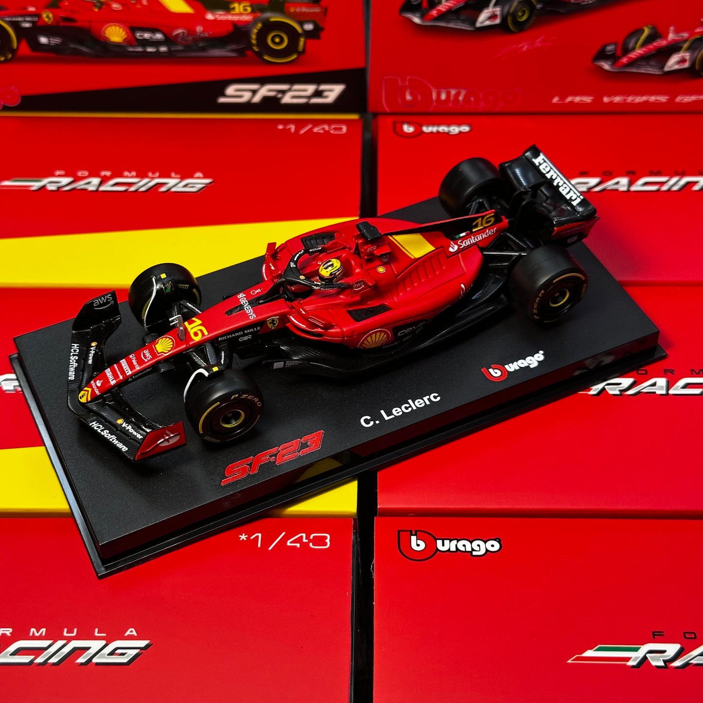 Bburago 1:43 Scuderia Ferrari 2023 SF-23 Monza GP with Acrylic Showcase