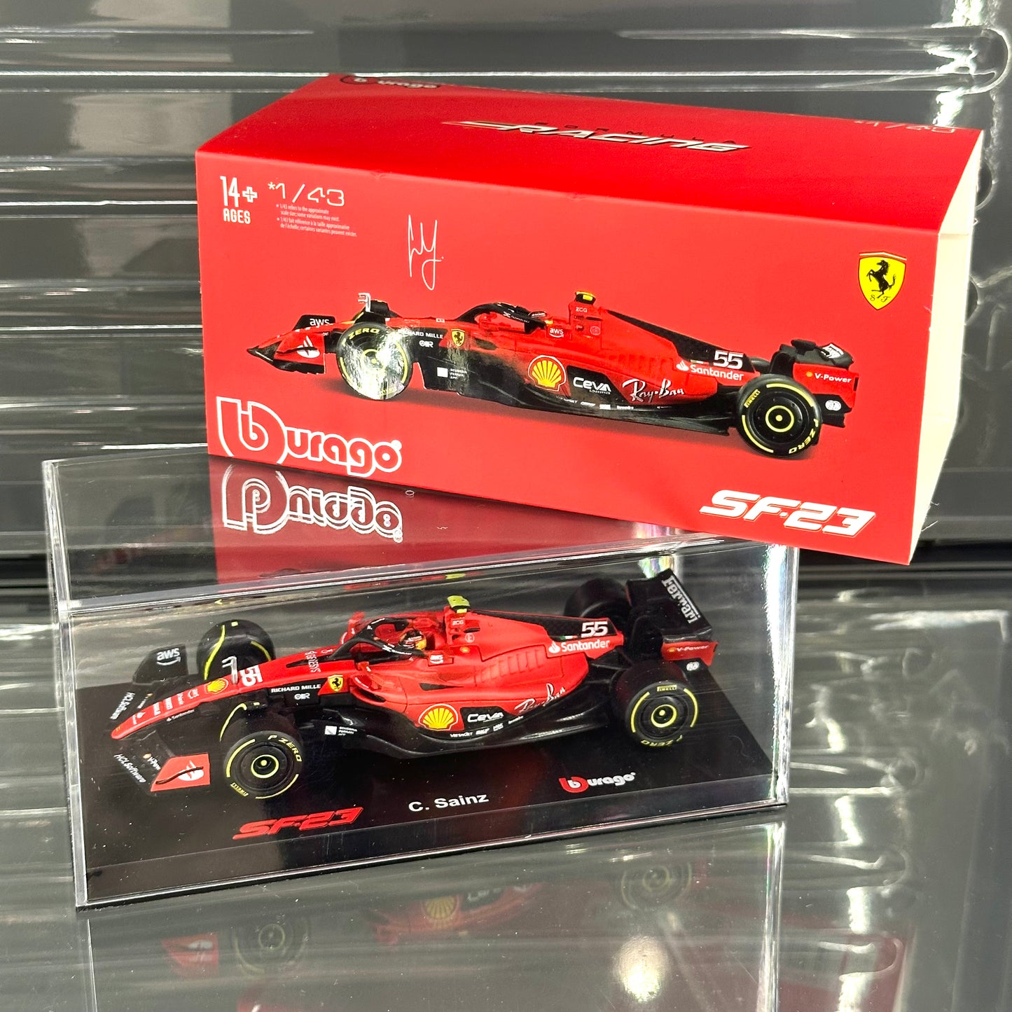 Bburago Scuderia Ferrari SF-23 (2023) with Driver's Helmet & Showcase 1:43