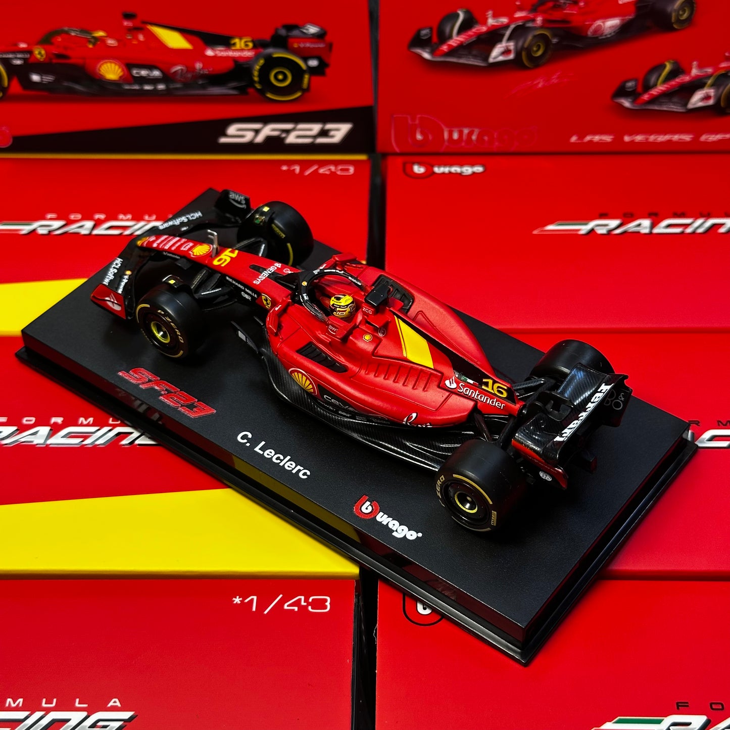 Bburago 1:43 Scuderia Ferrari 2023 Charles Leclerc SF-23 Monza GP with Acrylic Showcase