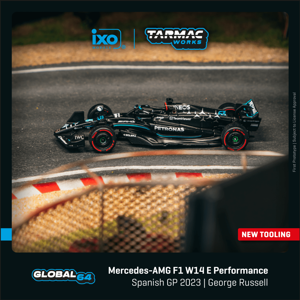 [Pre-Order] Tarmac 1:64 Mercedes-AMG F1 2023 W14 E Performance George Russell Spanish GP (With P3 board)